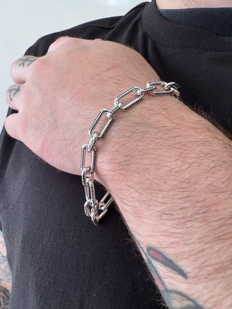 Black Spinel Paperclip Link Bracelet with Carabiner Hook in Sterling Silver, 8.5"