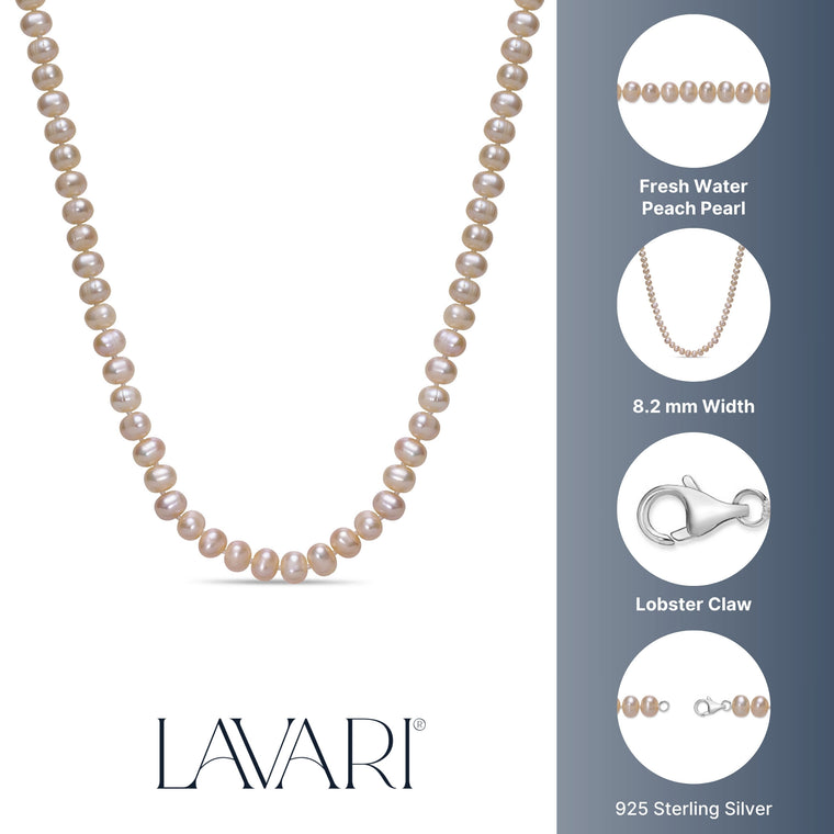 Peach Pearl Necklace with Sterling Silver, 16"
