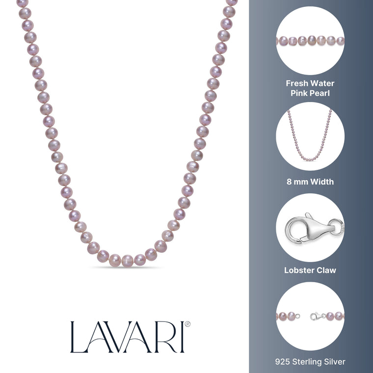 Pink Pearl Necklace with Sterling Silver, 16"