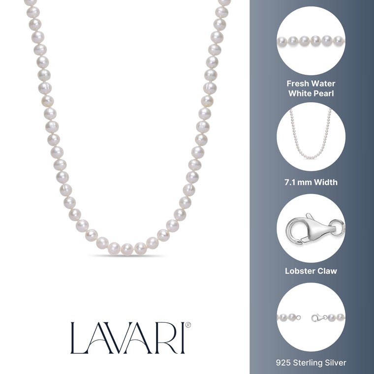 White Pearl Necklace with Sterling Silver, 16"