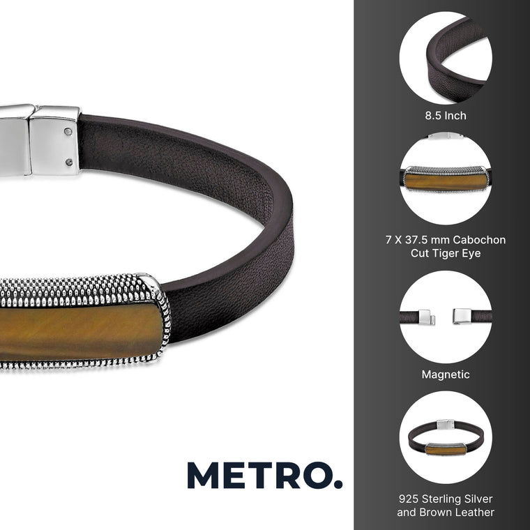 Brown Leather Bracelet with Tiger Eye Bar in Sterling Silver, 8.5"