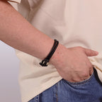 Anchor Bracelet in Braided Black Leather and Black Ion-Plated Stainless Steel