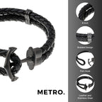 Anchor Bracelet in Braided Black Leather and Black Ion-Plated Stainless Steel
