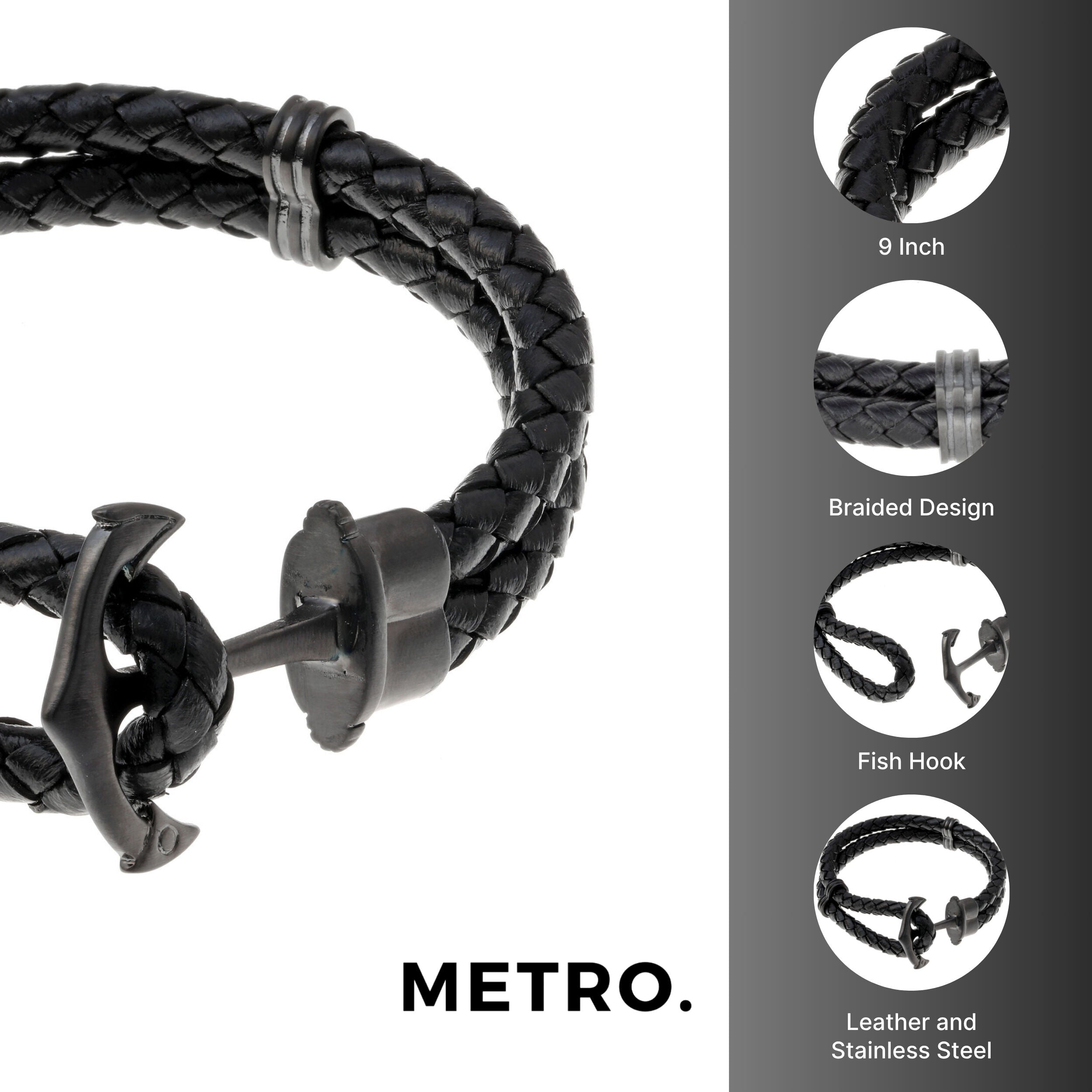 Anchor Bracelet in Braided Black Leather and Black Ion-Plated Stainless Steel