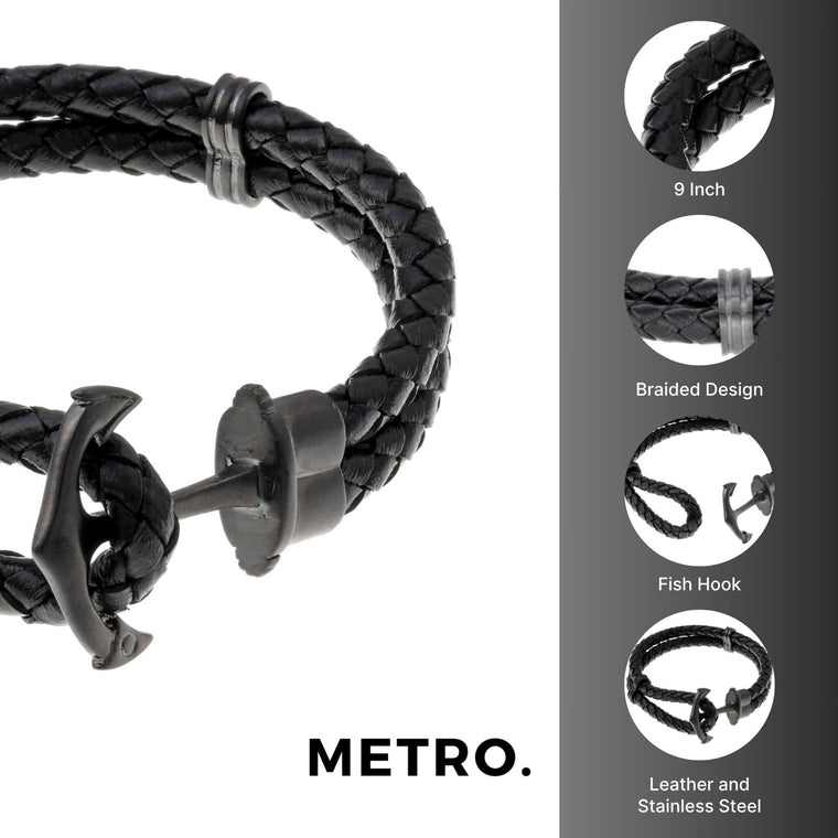 Anchor Bracelet in Braided Black Leather and Black Ion-Plated Stainless Steel