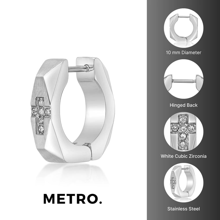 Faceted Cross Hoop Earring in Stainless Steel