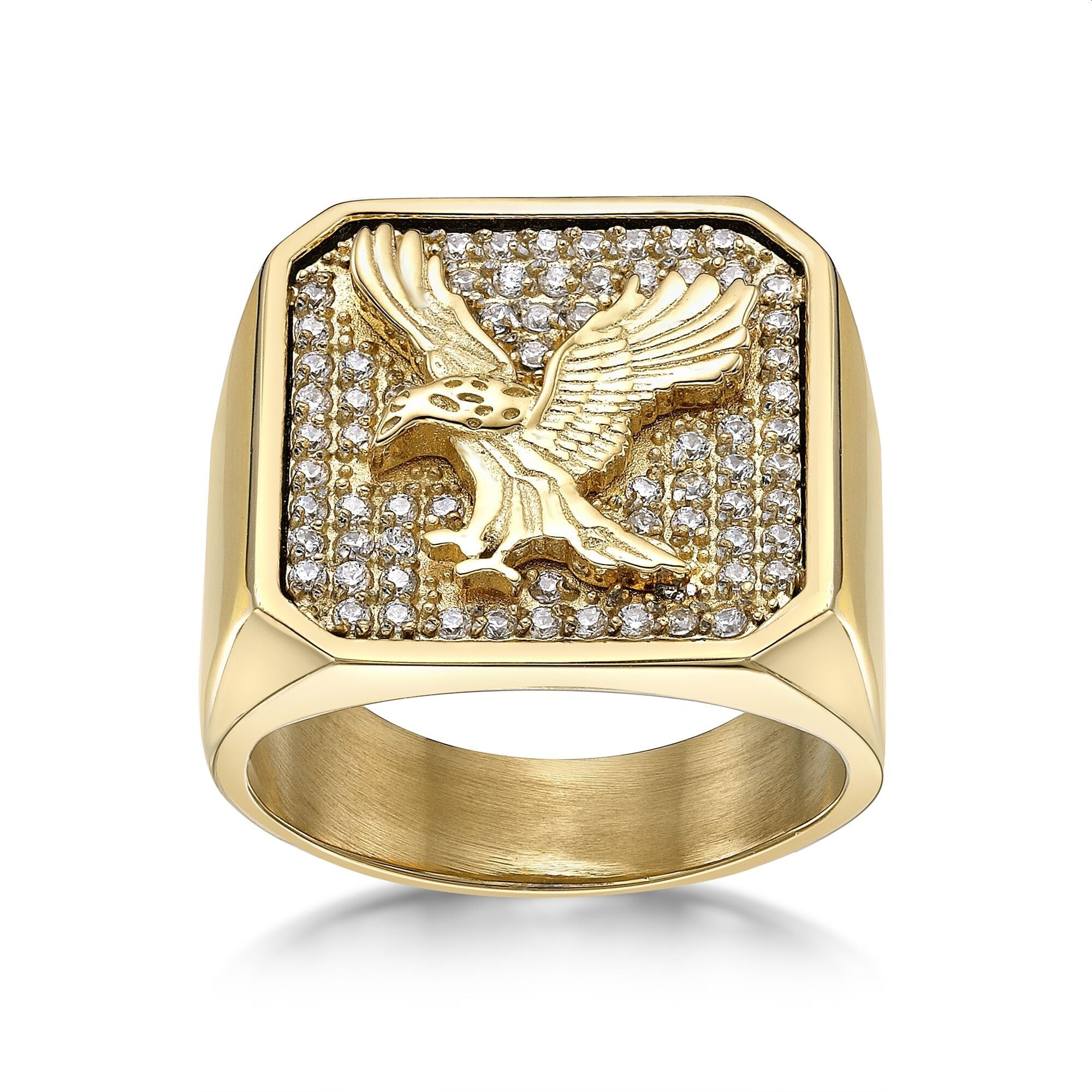 Eagle Signet Ring with Cubic Zirconia in Gold-Tone Ion-Plated Stainless Steel