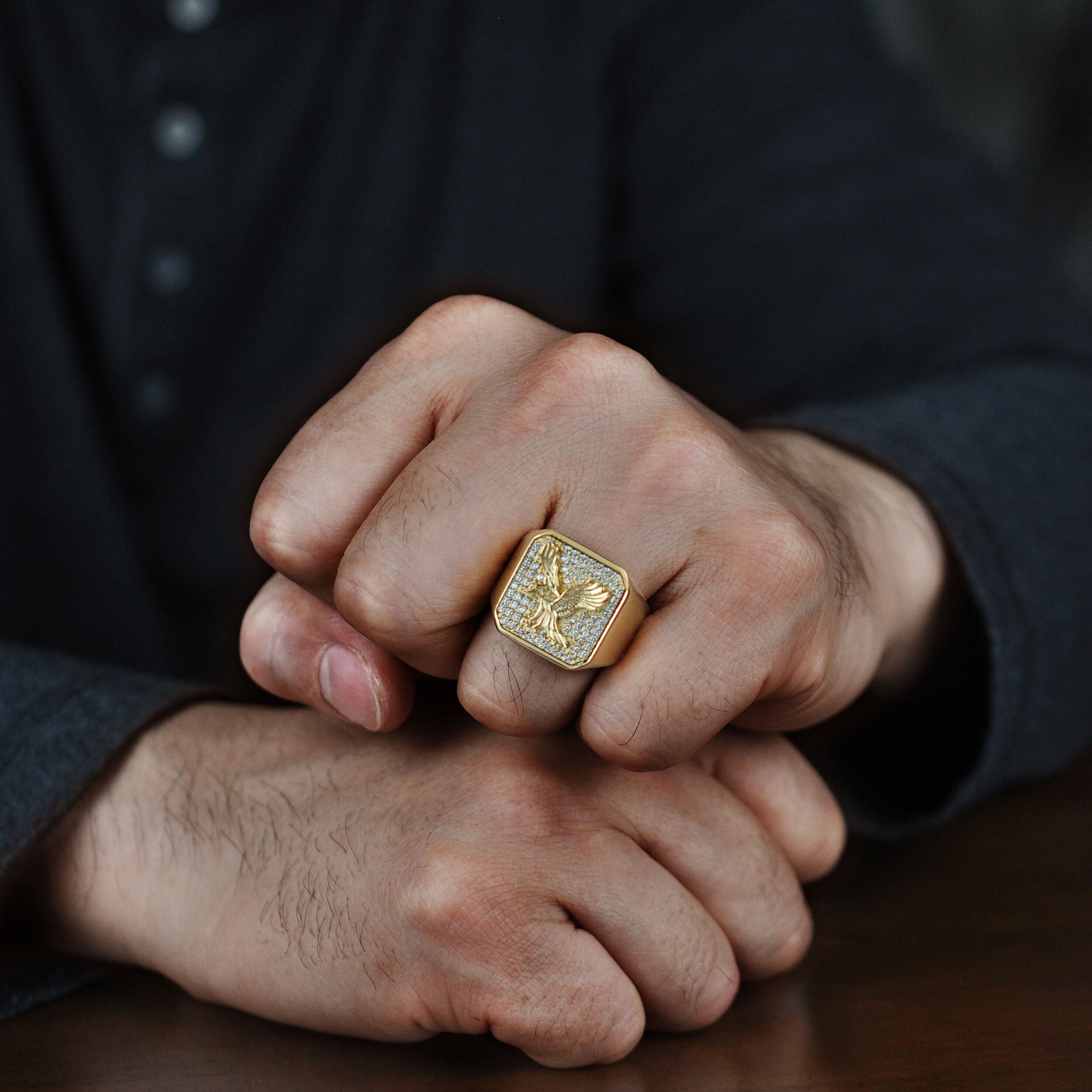 Eagle Signet Ring with Cubic Zirconia in Gold-Tone Ion-Plated Stainless Steel