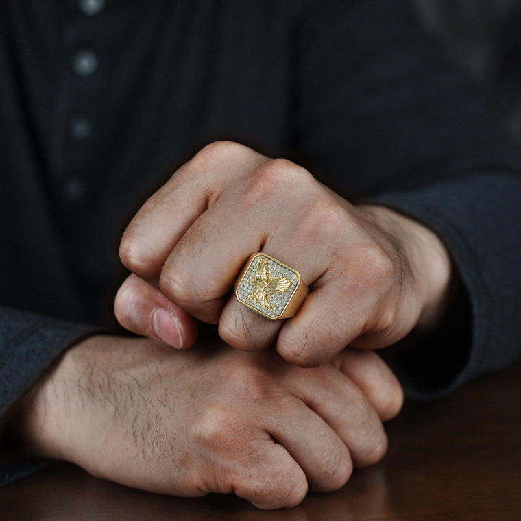 Eagle Signet Ring with Cubic Zirconia in Gold-Tone Ion-Plated Stainless Steel