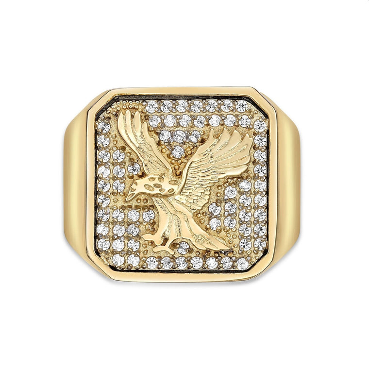 Eagle Signet Ring with Cubic Zirconia in Gold-Tone Ion-Plated Stainless Steel