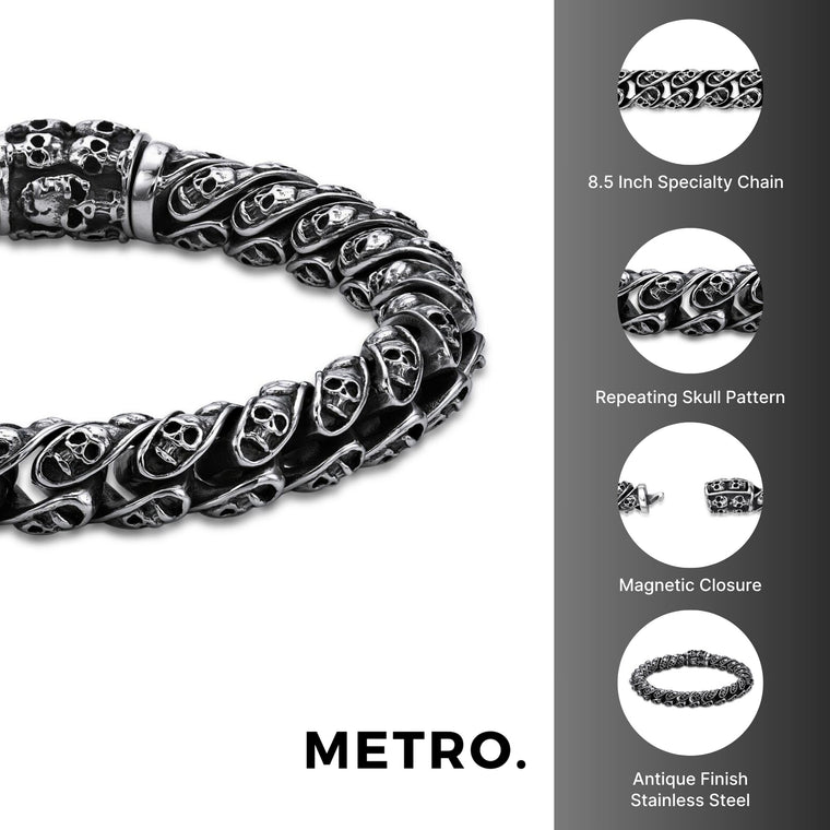Skull Ornate Link Bracelet in Black Ion Plated Stainless Steel