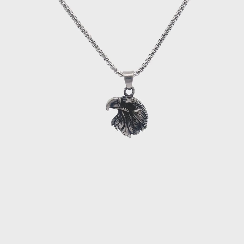 Eagle Head Pendant with Black Agate in Antique Finish Stainless Steel