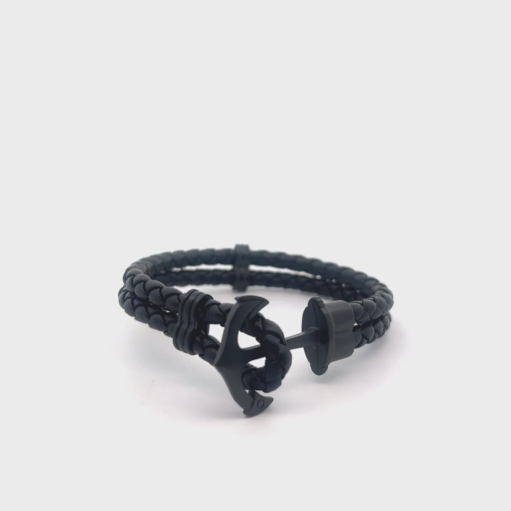 Anchor Bracelet in Braided Black Leather and Black Ion-Plated Stainless Steel