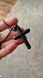 Men's Ebony Wood Cross Pendant in Black Ion-Plated Stainless Steel
