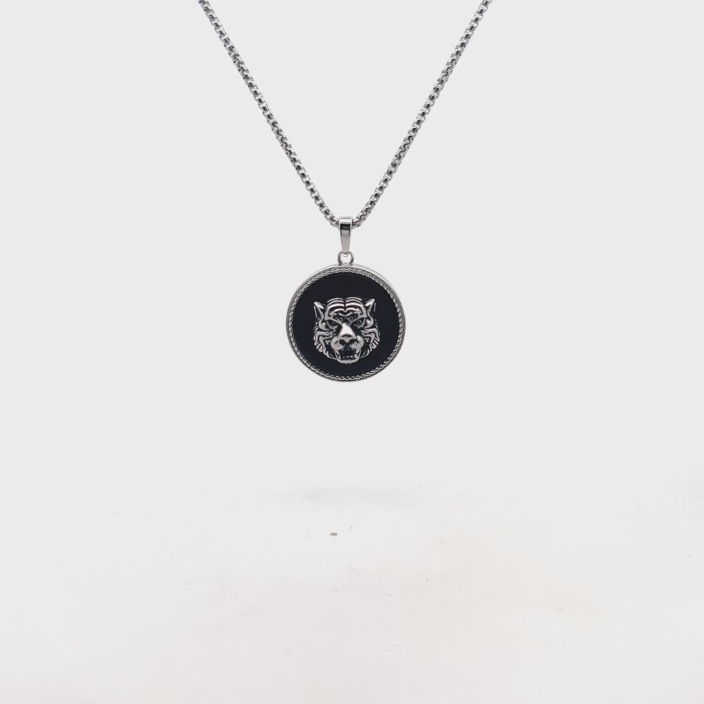 Men’s Black Agate Tiger Medallion Pendant in Stainless Steel