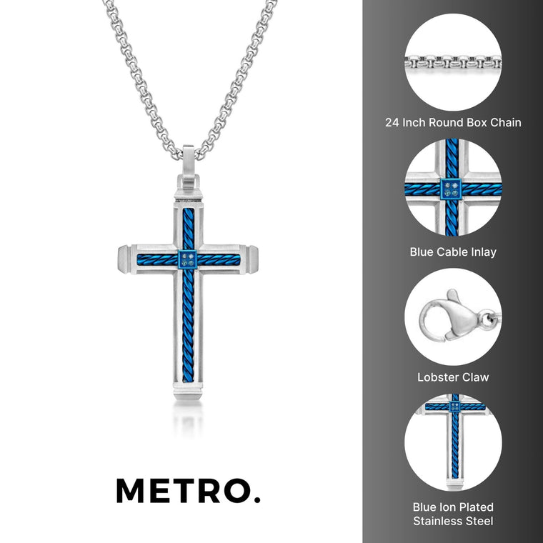 Diamond Classic Cross Pendant in Blue Ion Plated Stainless Steel
