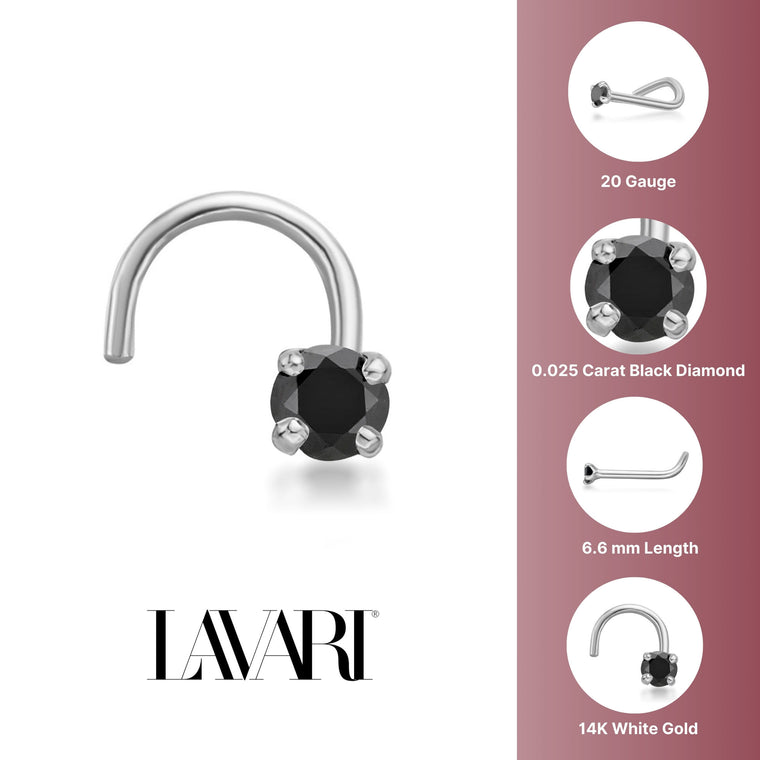 14K Screw Black Diamond Nose Ring - 20G