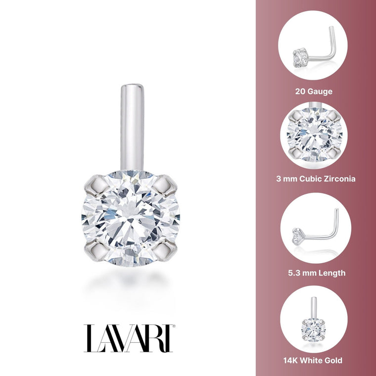14K L-Shaped Cubic Zirconia Nose Ring - 20G
