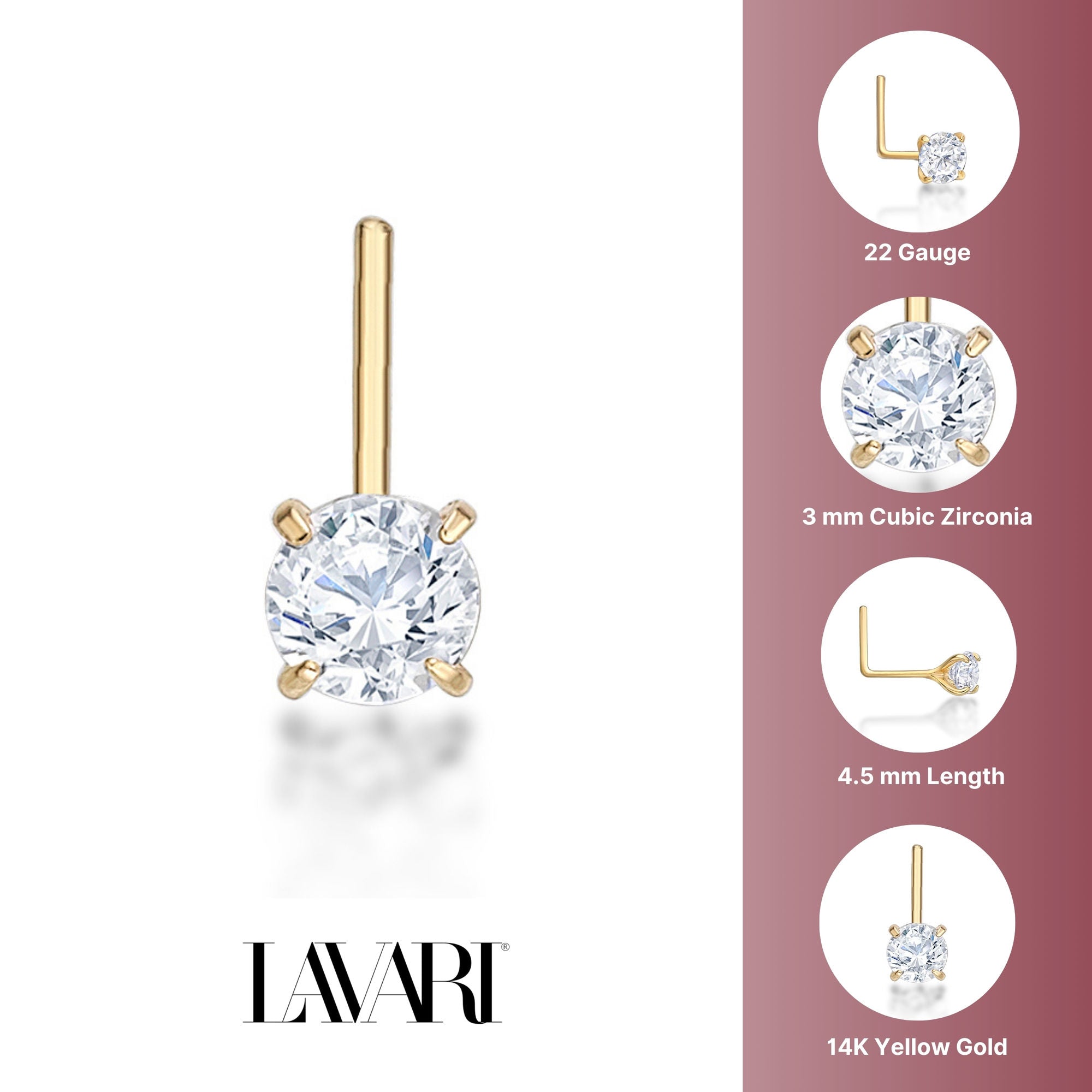 14K Gold L-Shaped Cubic Zirconia Nose Ring - 22G
