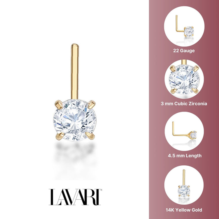 14K Gold L-Shaped Cubic Zirconia Nose Ring - 22G