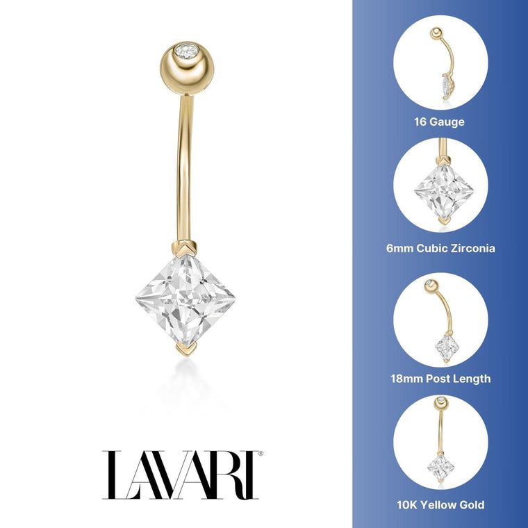 10K Yellow Gold 6 MM Princess Cubic Zirconia Belly Ring