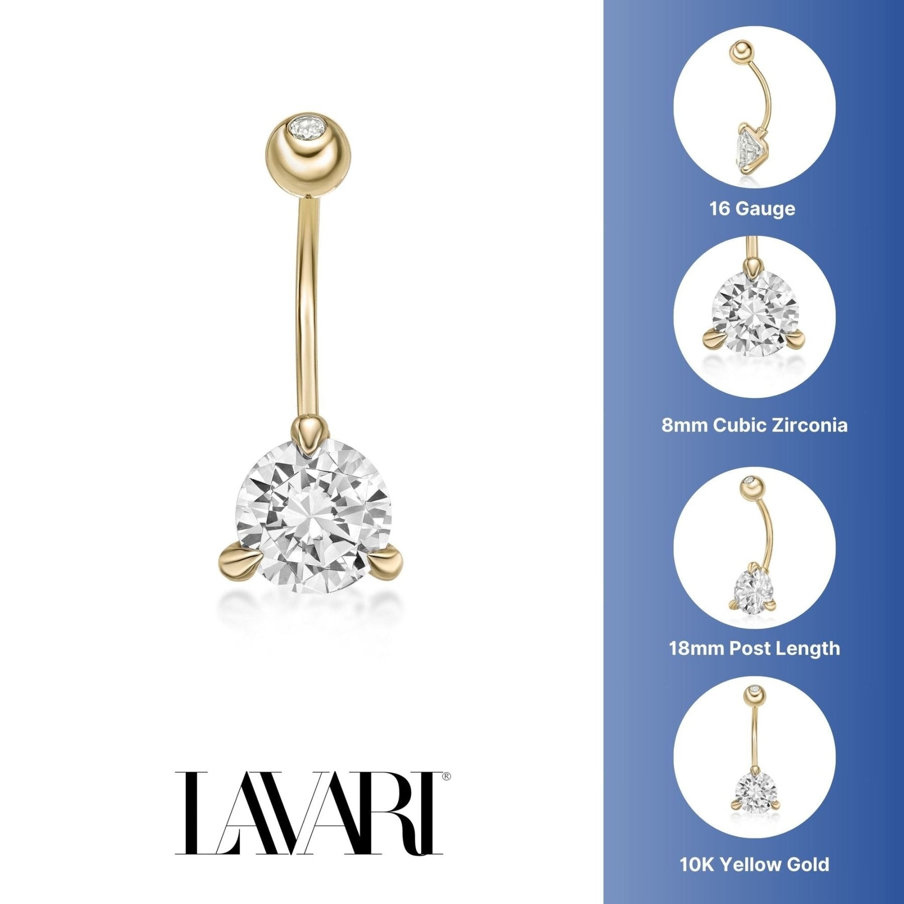10K Yellow Gold 8 MM Cubic Zirconia Belly Ring