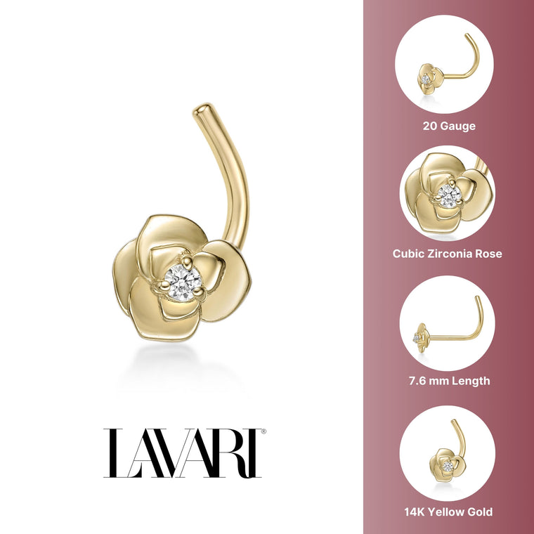 14K Cubic Zirconia Rose Curved Nose Ring - 20G