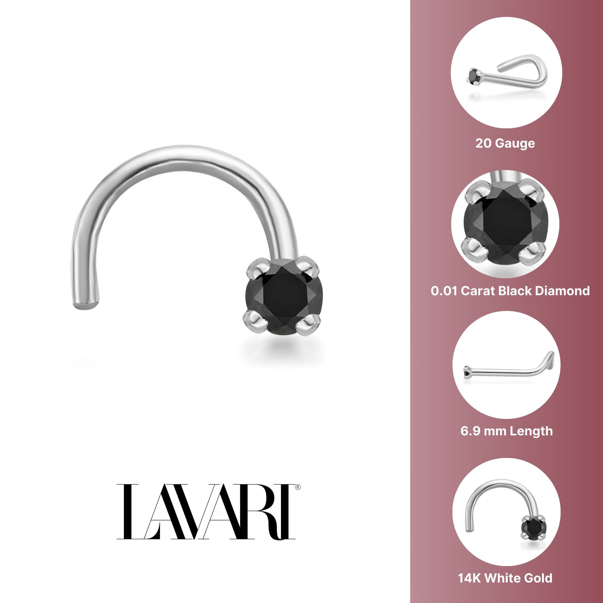 14K Screw Black Diamond Nose Ring - 20G