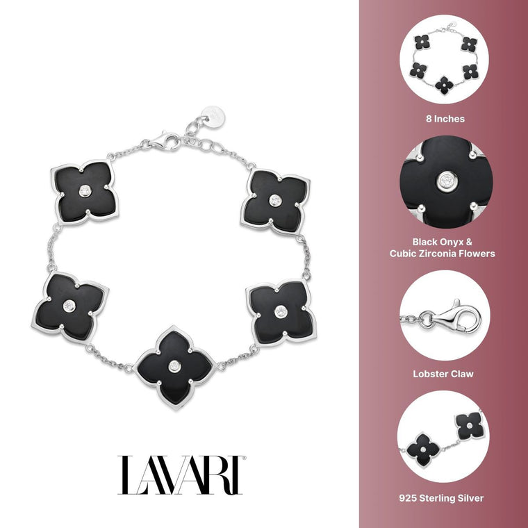 Black Onyx and Cubic Zirconia Flower Bracelet in Sterling Silver
