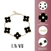 Black Onyx and Cubic Zirconia Flower Bracelet in Yellow Gold Plated Sterling Silver