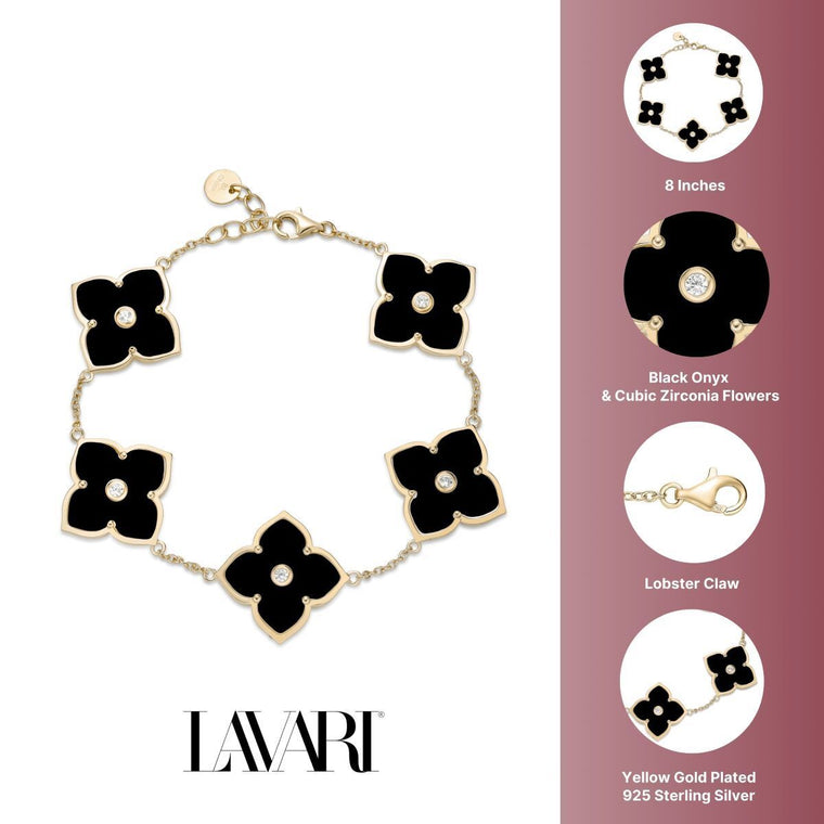 Black Onyx and Cubic Zirconia Flower Bracelet in Yellow Gold Plated Sterling Silver
