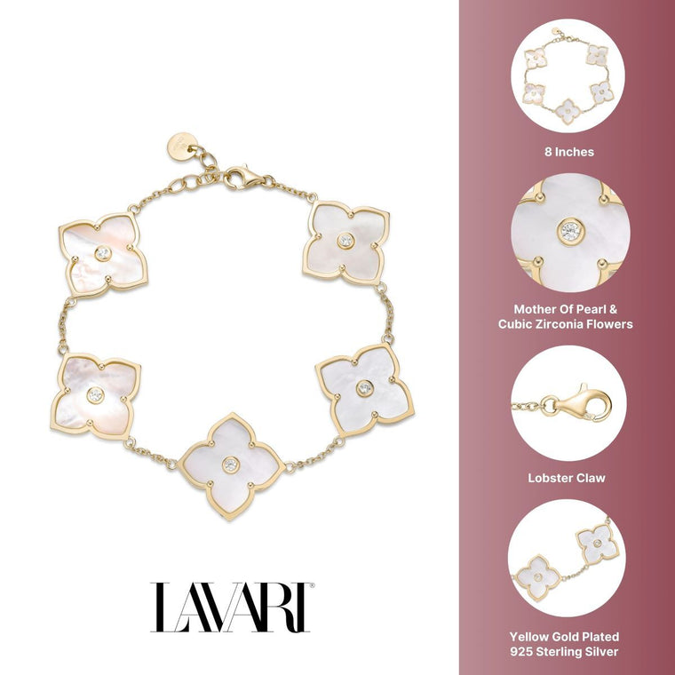 Mother of Pearl and Cubic Zirconia Flower Bracelet in Yellow Gold-Plated Sterling Silver