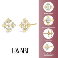 0.125 cttw Natural Diamond Snowflake Stud Earring in Yellow Gold Plated Sterling Silver