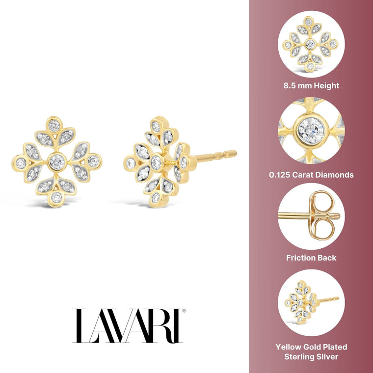 0.125 cttw Natural Diamond Snowflake Stud Earring in Yellow Gold Plated Sterling Silver