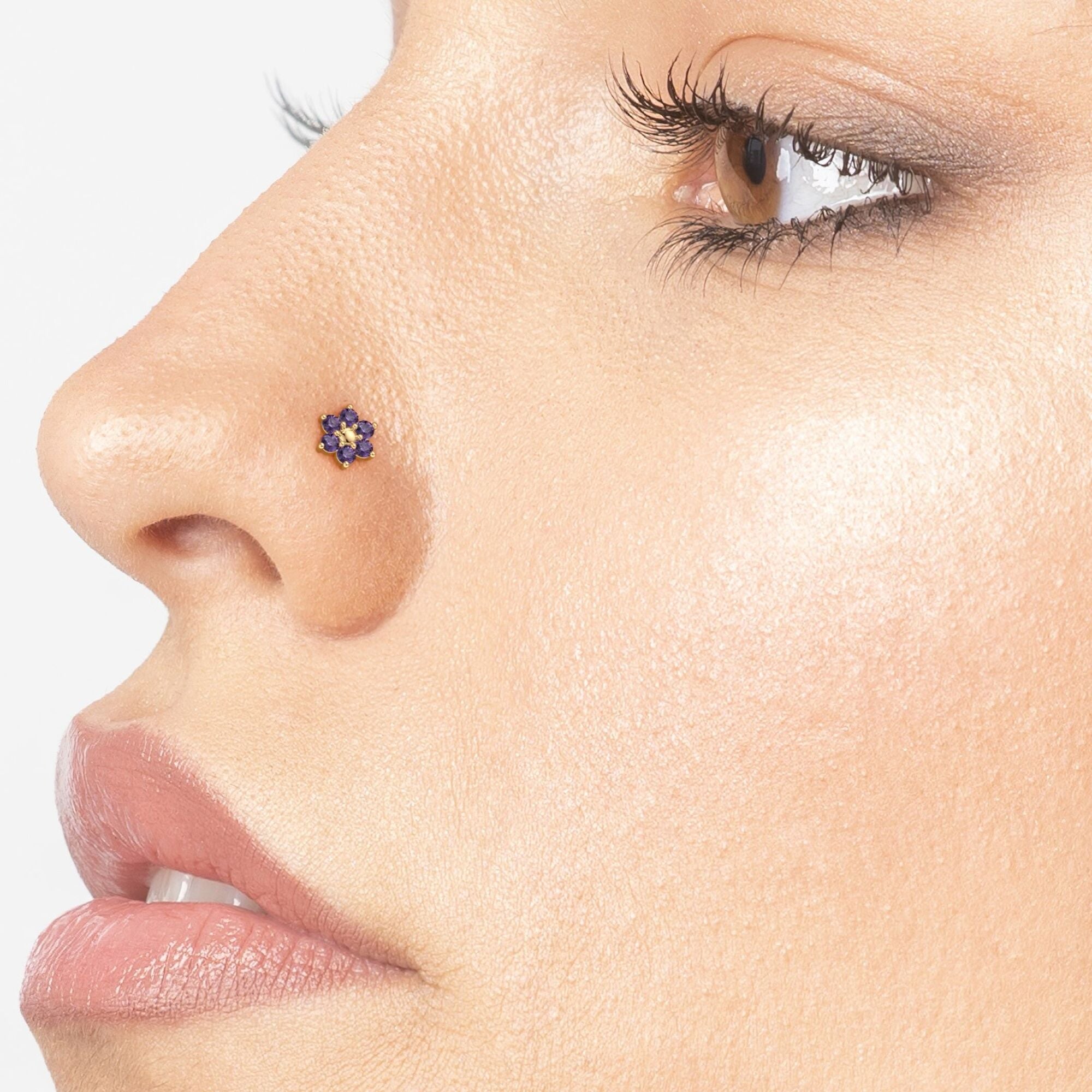 14K Swarovski Crystal L-Shaped Nose Ring - 20G