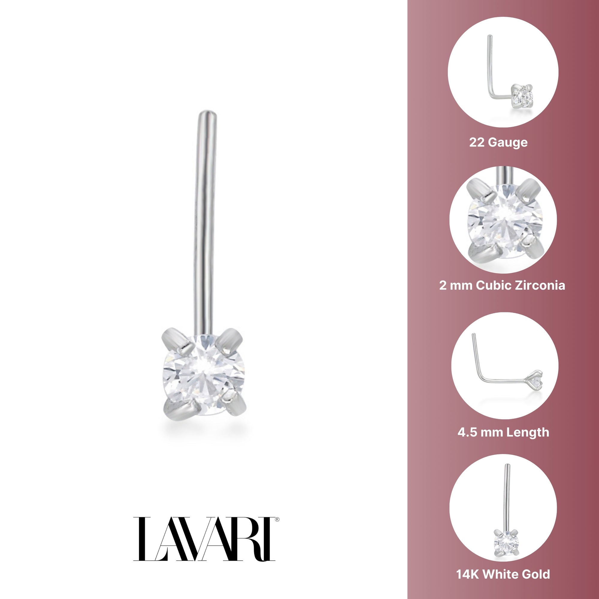 14K Gold L-Shaped Cubic Zirconia Nose Ring - 22G