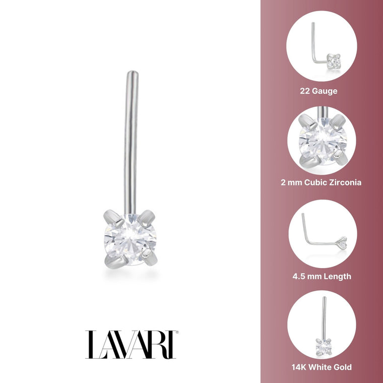 14K Gold L-Shaped Cubic Zirconia Nose Ring - 22G