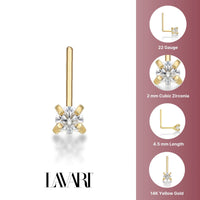 14K Gold L-Shaped Cubic Zirconia Nose Ring - 22G