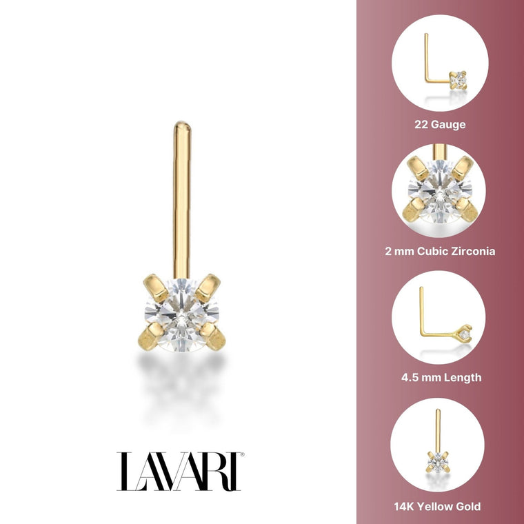 14K Gold L-Shaped Cubic Zirconia Nose Ring - 22G