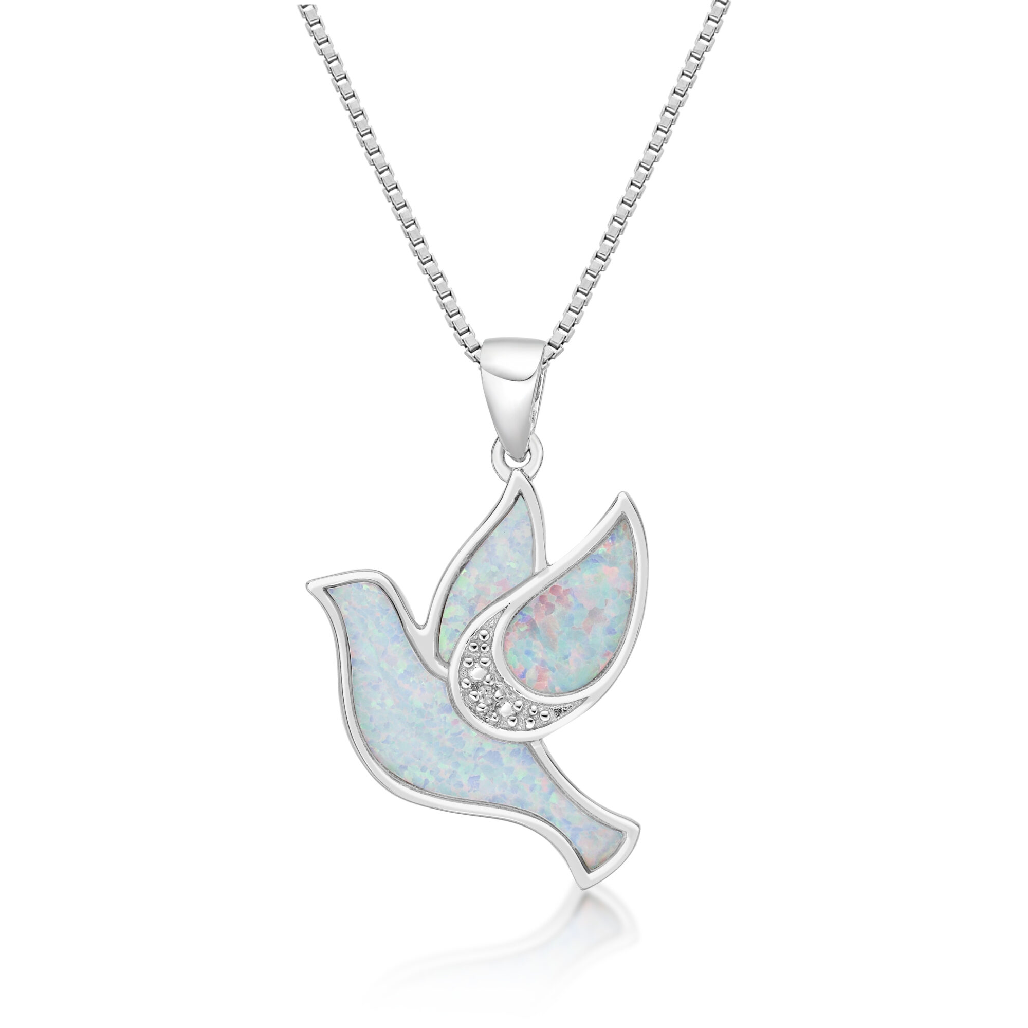 Lavari Jewelers Women’s Created White Opal Dove Diamond Pendant with Lobster Clasp, Sterling Silver, .004 Cttw, 18 Inch Cable Chain