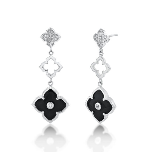 Lavari Jewelers Women's Black Onyx Three Flower Drop Dangle Earrings with Friction Back, 925 Sterling Silver, Cubic Zirconia