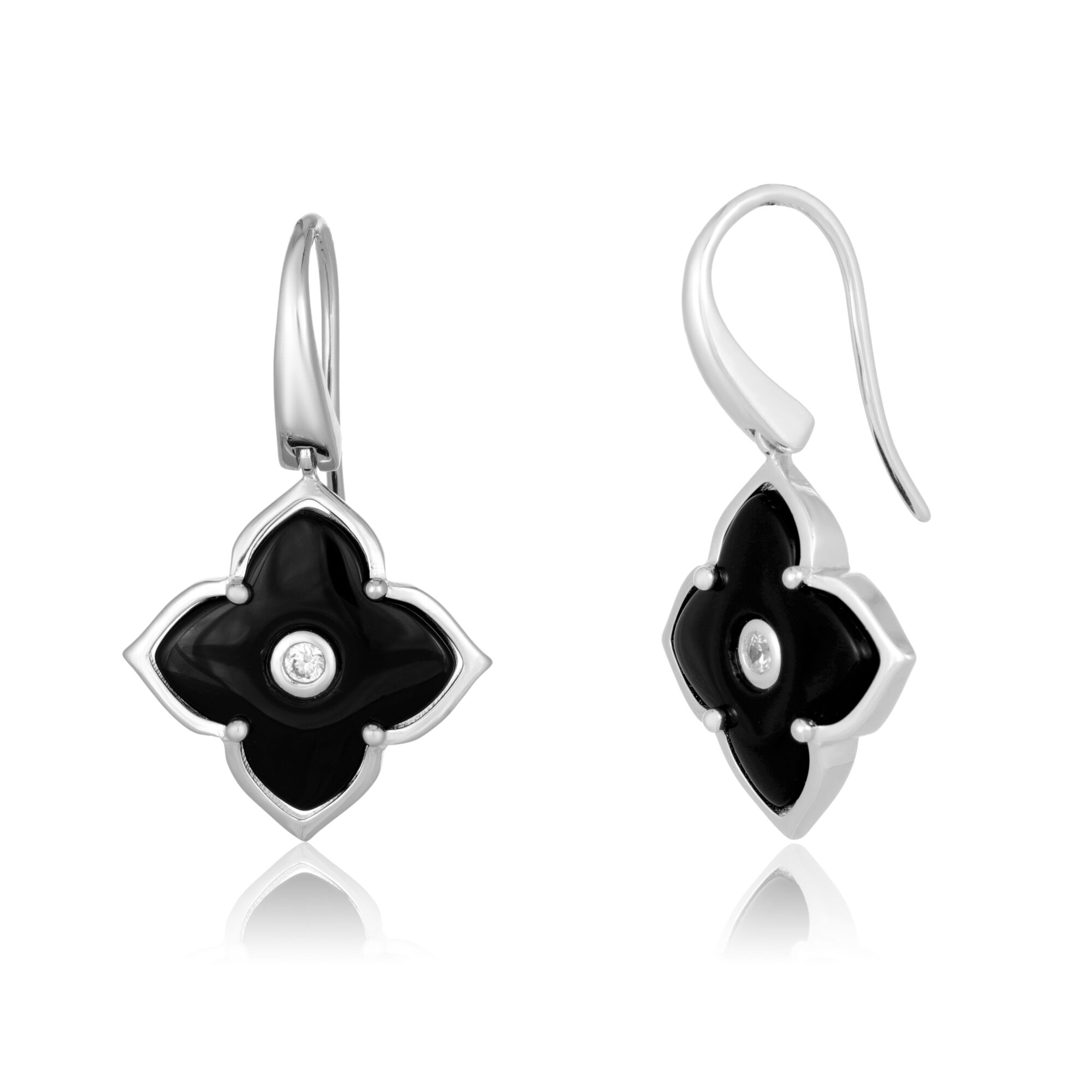 Lavari Jeweler Women’s Black Onyx Flower Drop Dangle Earrings with Fishhooks, 925 Sterling Silver, 16 MM