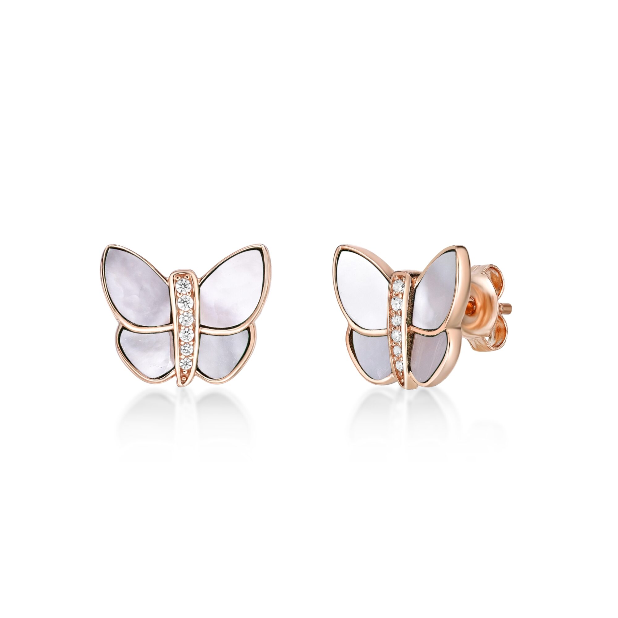 Lavari Jewelers Women’s Mother of Pearl Butterfly Stud Earrings with Friction Back, 925 Sterling Silver, Cubic Zirconia