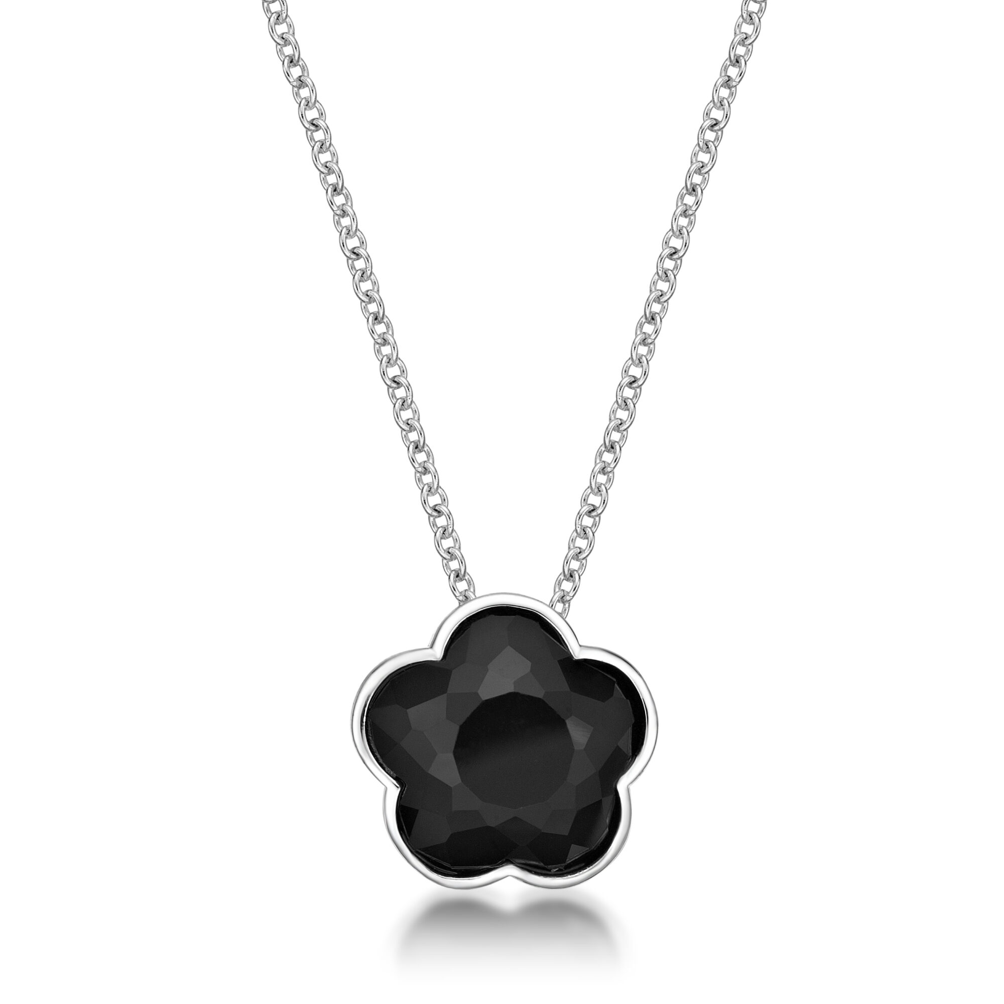 Lavari Jewelers Women’s Black Onyx Five Petal Flower Pendant Necklace with Spring Ring, 925 Sterling Silver, Cubic Zirconia, 18 Inch Chain