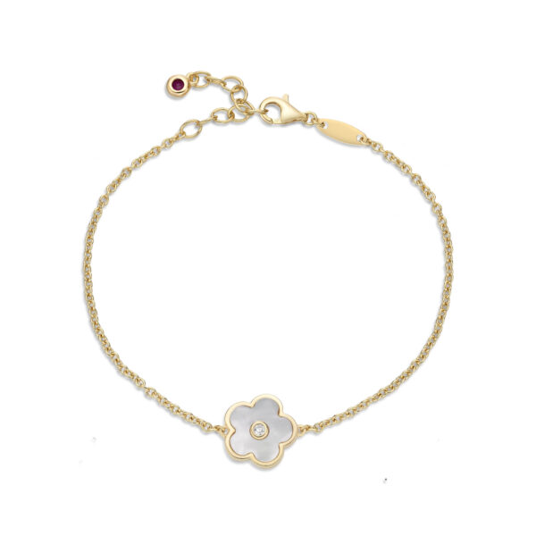 Lavari Jewelers Women's Mother of Pearl Flower Bracelet with Yellow Gold Plating and Lobster Clasp, 925 Sterling Silver, Cubic Zirconia, 8 Inches