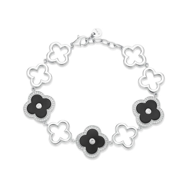 Lavari Jewelers Women's Black Onyx Flower Silver Layered Bracelet with Lobster Clasp, 925 Sterling Silver, Cubic Zirconia, 7-8 Inches