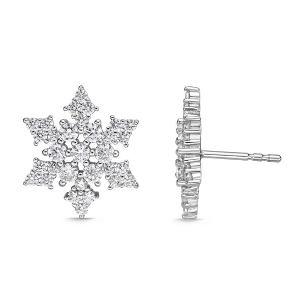 Lavari Jewelers Women's Snowflake Stud Earrings with Friction Post Back, 925 Sterling Silver, Cubic Zirconia, 13 MM