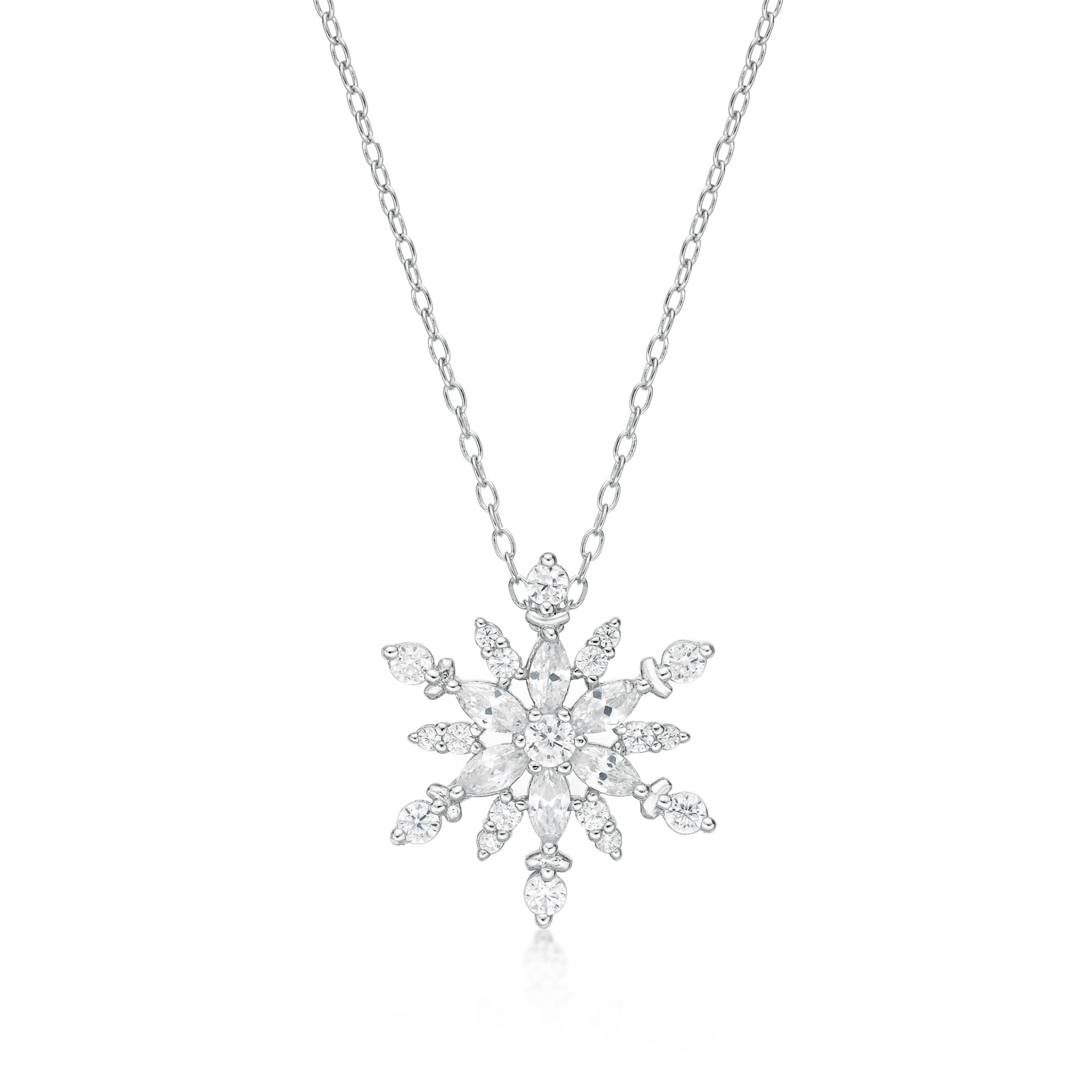 Lavari Jewelers Women’s Flurry Snowflake Pendant with Lobster Clasp, Sterling Silver, Cubic Zirconia, 18 Inch Adjustable Chain