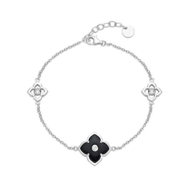 Lavari Jewelers Women's Black Onyx Flower Bracelet with Lobster Clasp, 925 Sterling Silver, Cubic Zirconia, 7-8 Inches