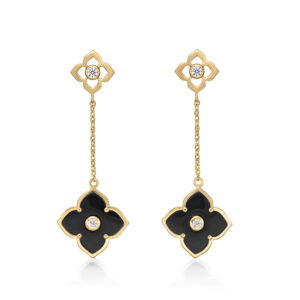 Lavari Jewelers Women's Black Onyx Flower Dangle Drop Earrings with Yellow Gold Plating and Friction Back, 925 Sterling Silver w. Cubic Zirconia